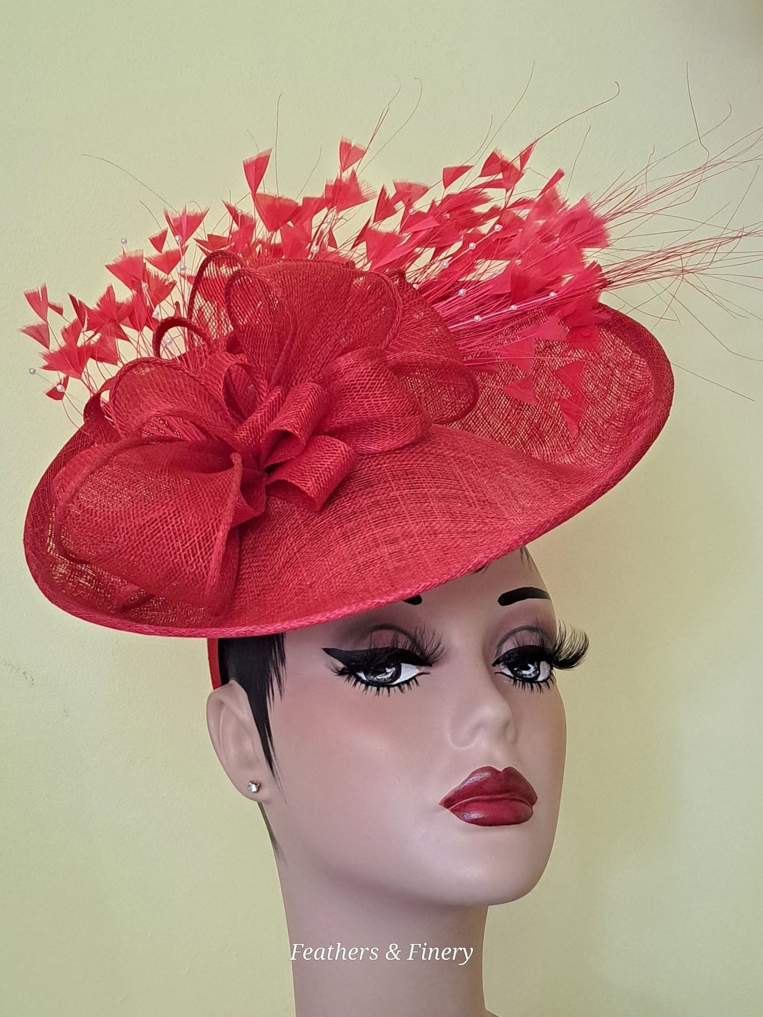 Bold red fascinator with feather embellishments